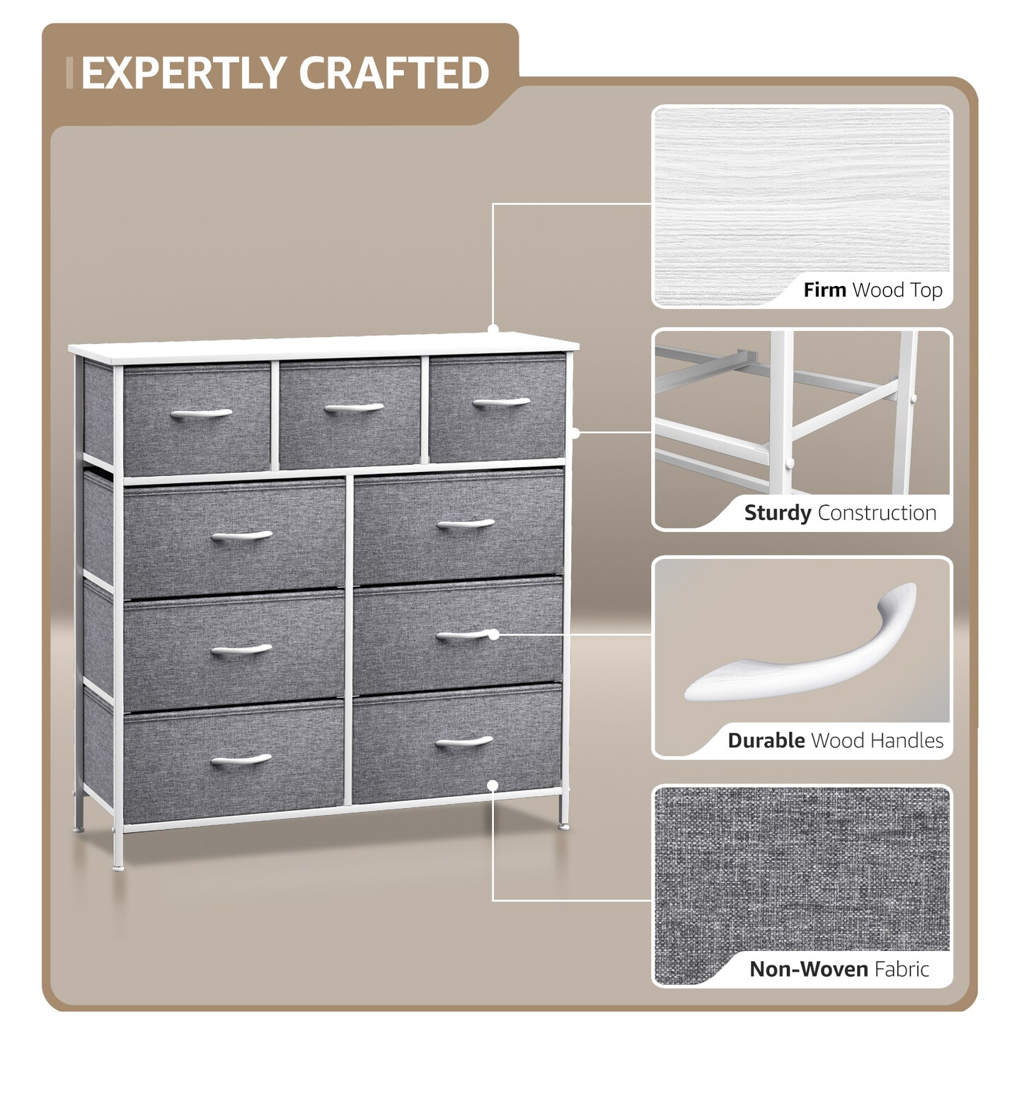 Sorbus Dresser with 9 Drawers - Furniture Storage Chest Tower Unit for Bedroom, Closet, etc - Steel Frame, Wood Top, Fabric Bins