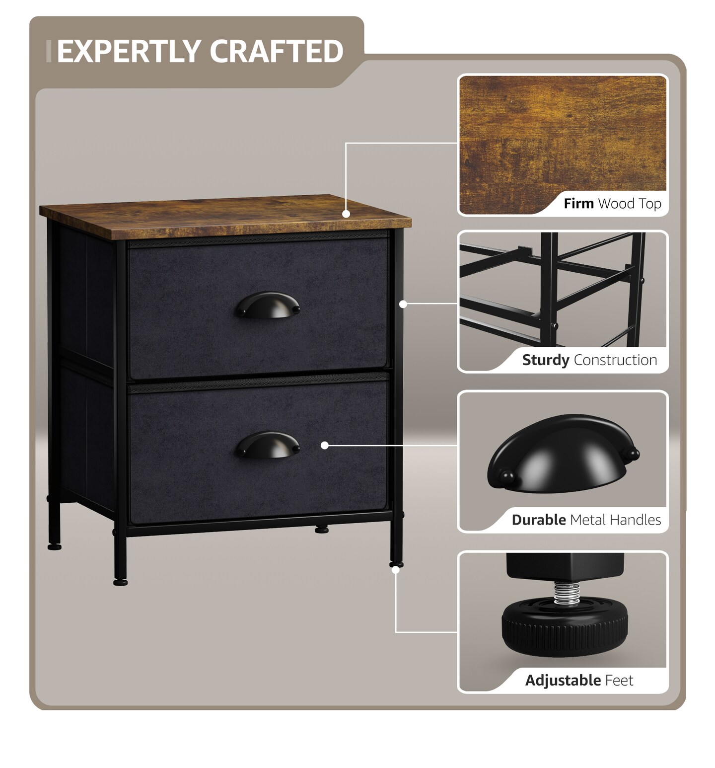 Sorbus Nightstand with 2 Drawers - Steel Frame, Wood Top & Easy Pull Fabric Bins - Great for Home, Bedroom, Office & College Dorm