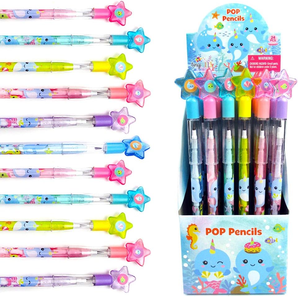 TINYMILLS 24 Pcs Narwhal Multi Point Pencils Stackable Stacking Push Pencils Assortment with Eraser