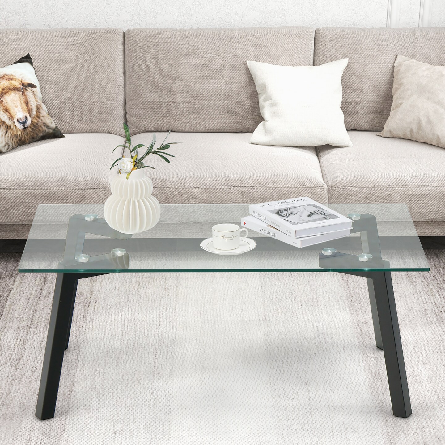 Costway Tempered Glass Coffee Table Modern Center Table with Metal Frame for Living Room