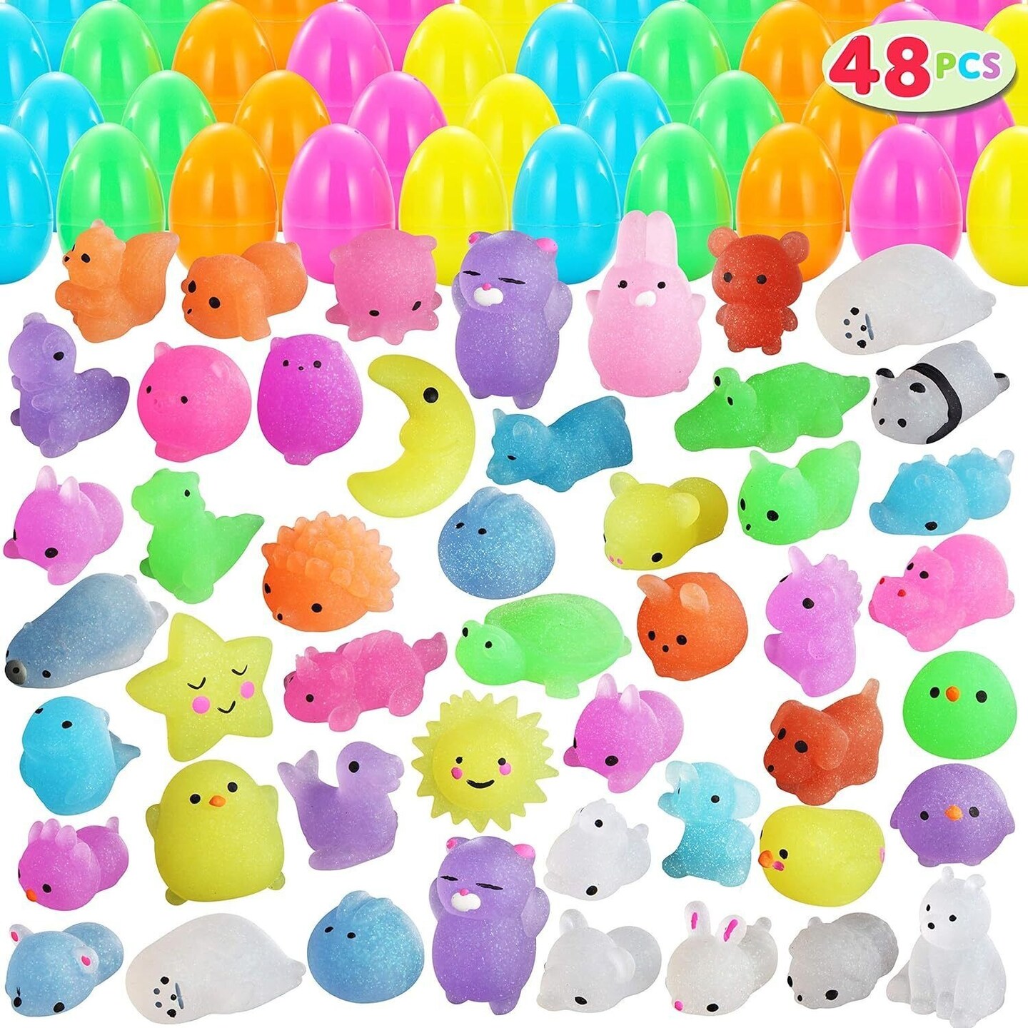 48Pcs Glitter Mochi Squishy Prefilled Easter Eggs Filled with Mochi Toys for Kid