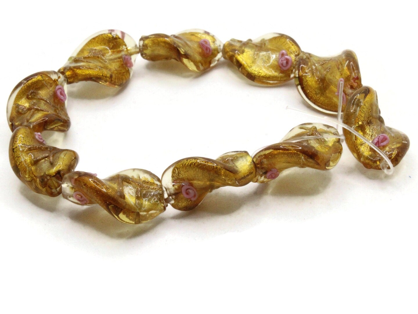 10 20mm Golden Yellow with Pink and Green Flower Lampwork Glass Flat Oval Twist Beads