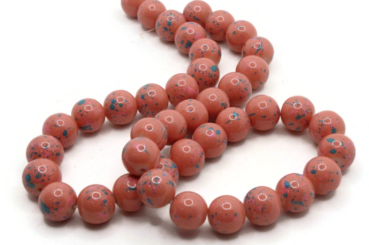 40 10mm Coral and Blue Splatter Paint Smooth Round Glass Beads