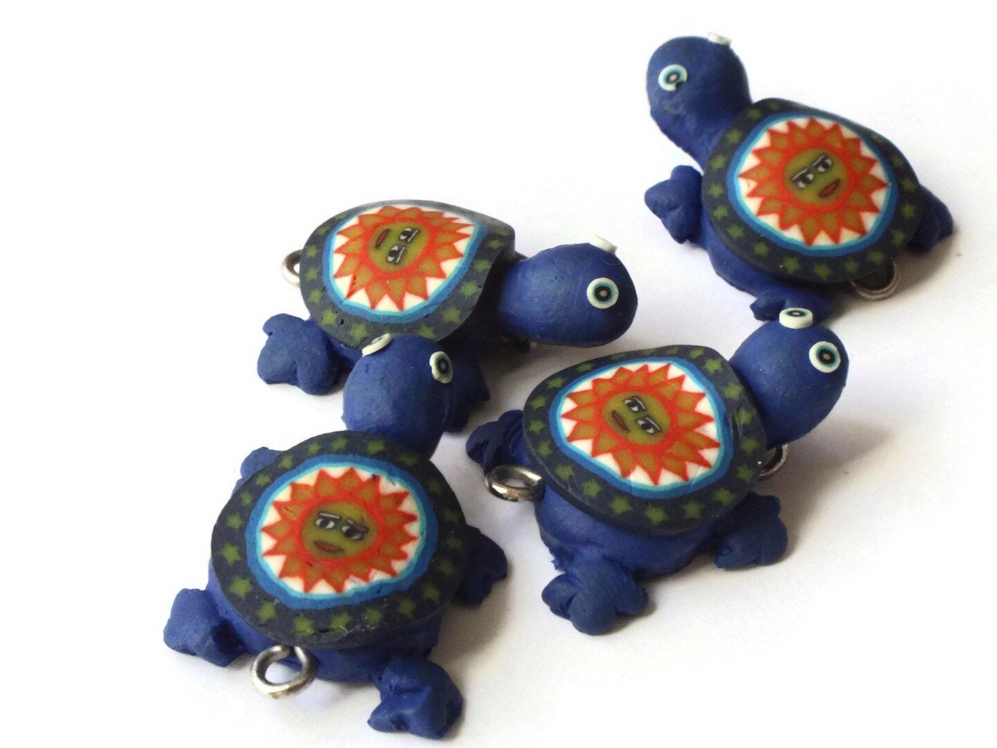 4 Blue Turtles with Sun on the Shell Turtle Charms Tortoise Links Polymer Clay Turtle Beads