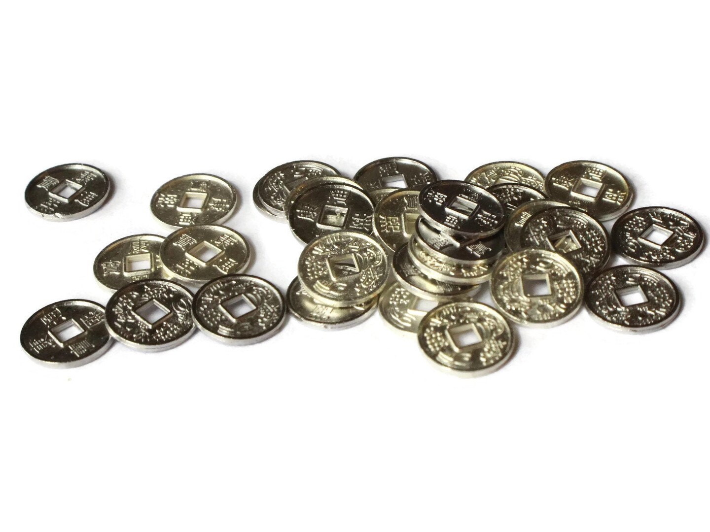 30 10mm Silver Chinese Coin Beads Flat Round Miniature Replica Money with KangXi