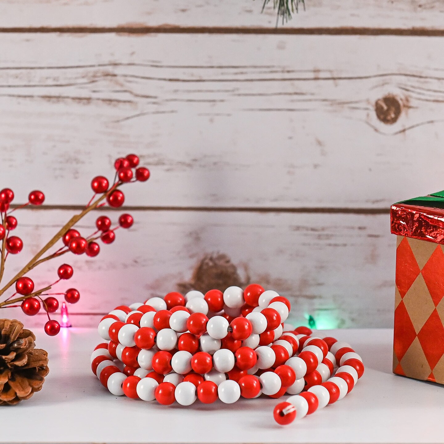 Ornativity Red and White Garland - Rustic Christmas Wooden Farmhouse Country Wood Beaded Home and Holiday Garland Tree Decorations Boho Strand of Beads