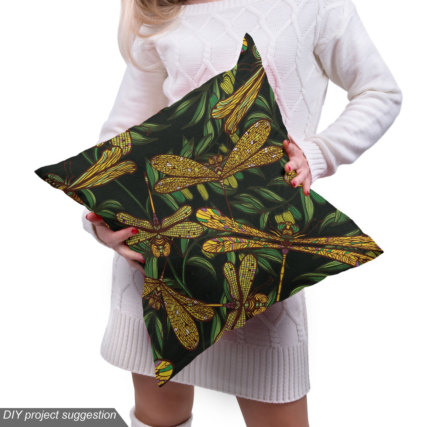 Ambesonne Dragonfly Fabric by the Yard, Pattern of Dragonflies and Green Olive Branches Mediterranean Nature Vibes, Decorative Fabric for Upholstery and Home Accents, 5 Yards, Dark Green