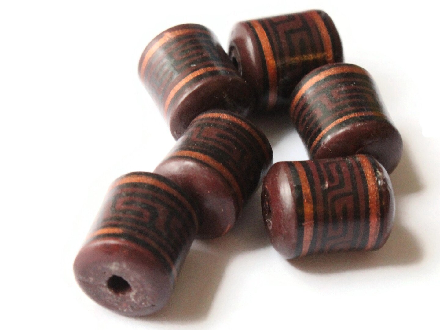 6 16mm Vintage Painted Peruvian Clay Beads - Brown, Copper, and Black Patterned Tube Beads