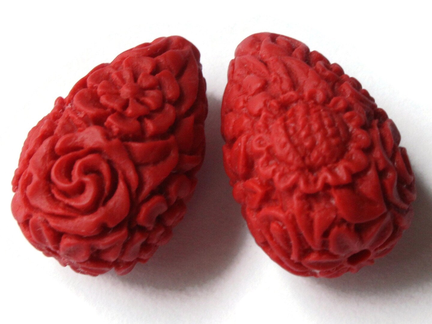 2 Floral Cinnabar Teardrop Lacquer Beads Loose Red Flower Patterned Beads