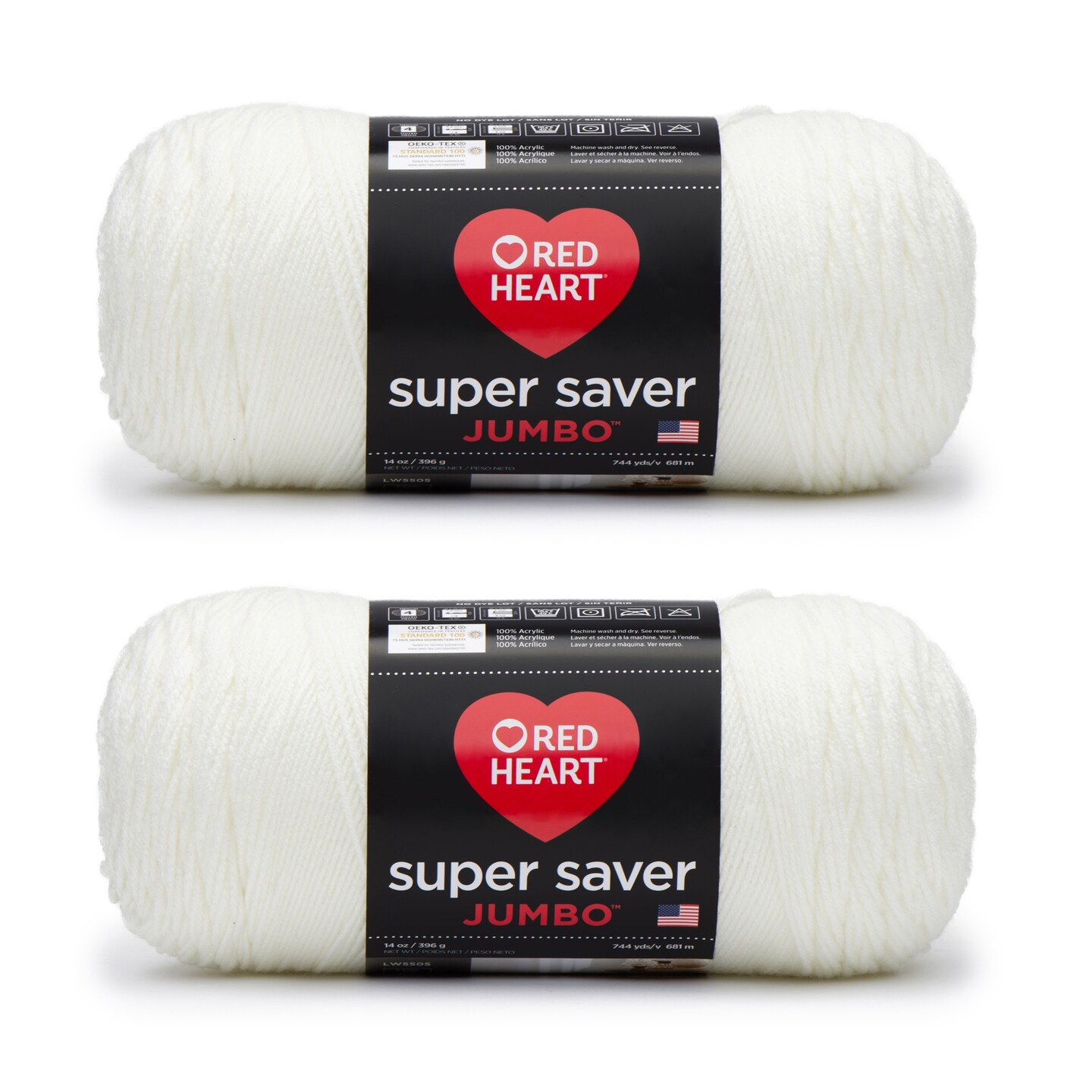 Red Heart Super Saver Jumbo Soft White Yarn - 2 Pack of 396g/14oz - Acrylic - 4 Medium (Worsted) - 744 Yards - Knitting/Crochet