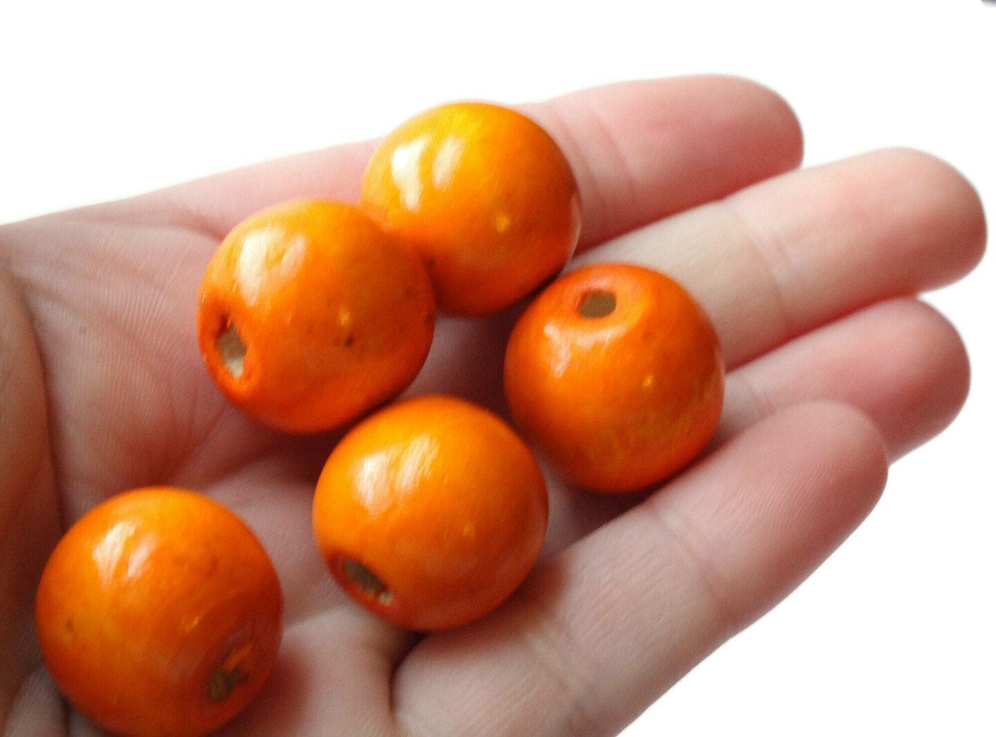 12 19mm x 17mm Round Orange Wood Beads Large Hole Wooden Ball Beads