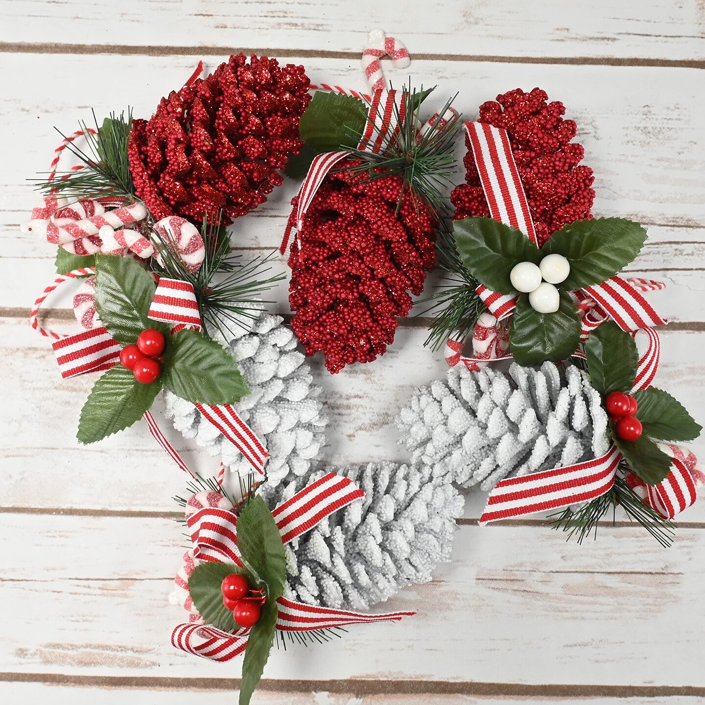 Ornativity Red and White Ornaments - Glitter Red and White Coated Pinecone Ornament with Realistic Holly Leaf and Red Cranberry Berries with Candy String Christmas Tree Decoration Set - Pack of 10