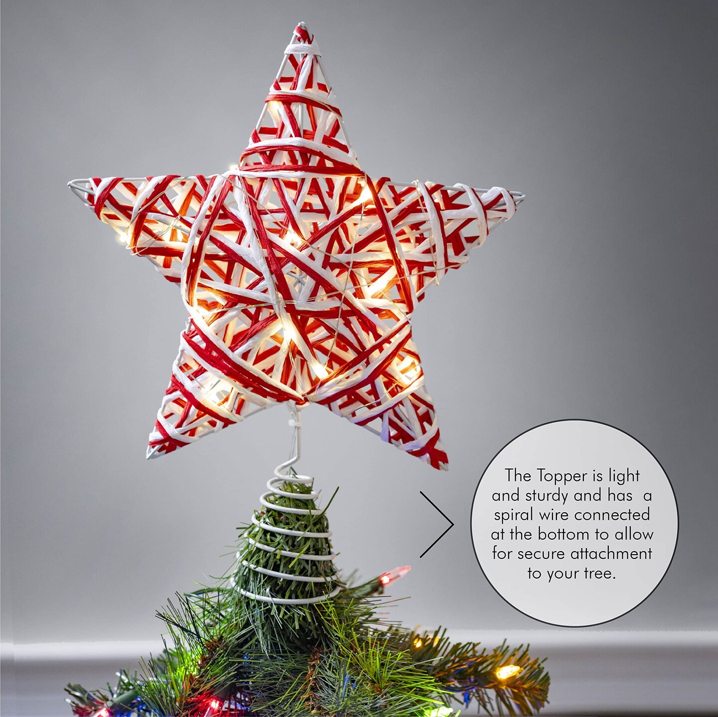 Ornativity Christmas Rattan Tree Topper – Red and White Xmas Rustic Star LED Light Up Tree Topper Ornament Decoration
