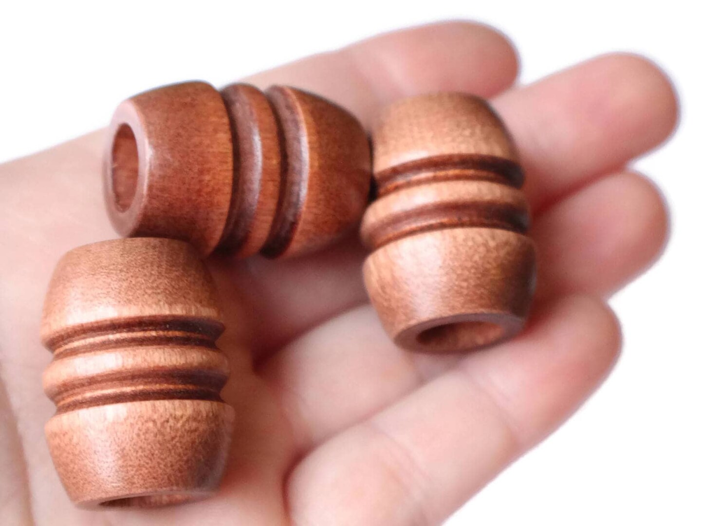 5 29mm Fluted Barrel Large Hole Medium Brown Wood Beads bA3