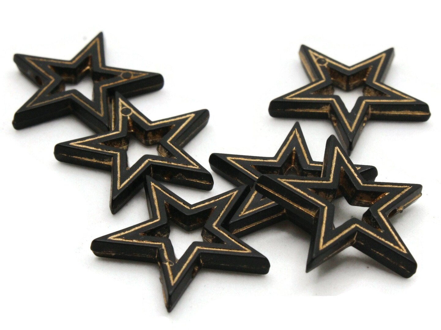 6 19mm Black Star Beads with Gold Details- Vintage Plastic Bead Frames