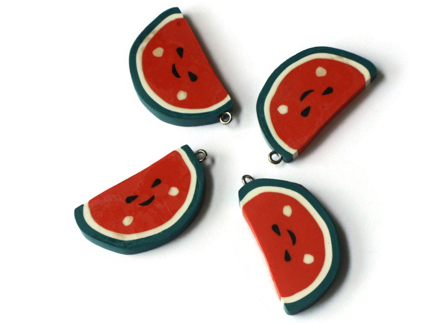 4 40mm Happy Watermelon Beads Sliced Clay Red and Green Fruit Beads