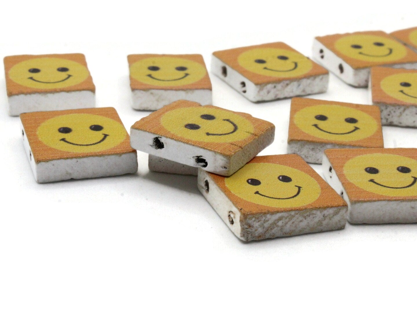 15 20mm Orange and Yellow Beads Wooden Rectangle Happy Face Beads - Two Hole Emoji Beads