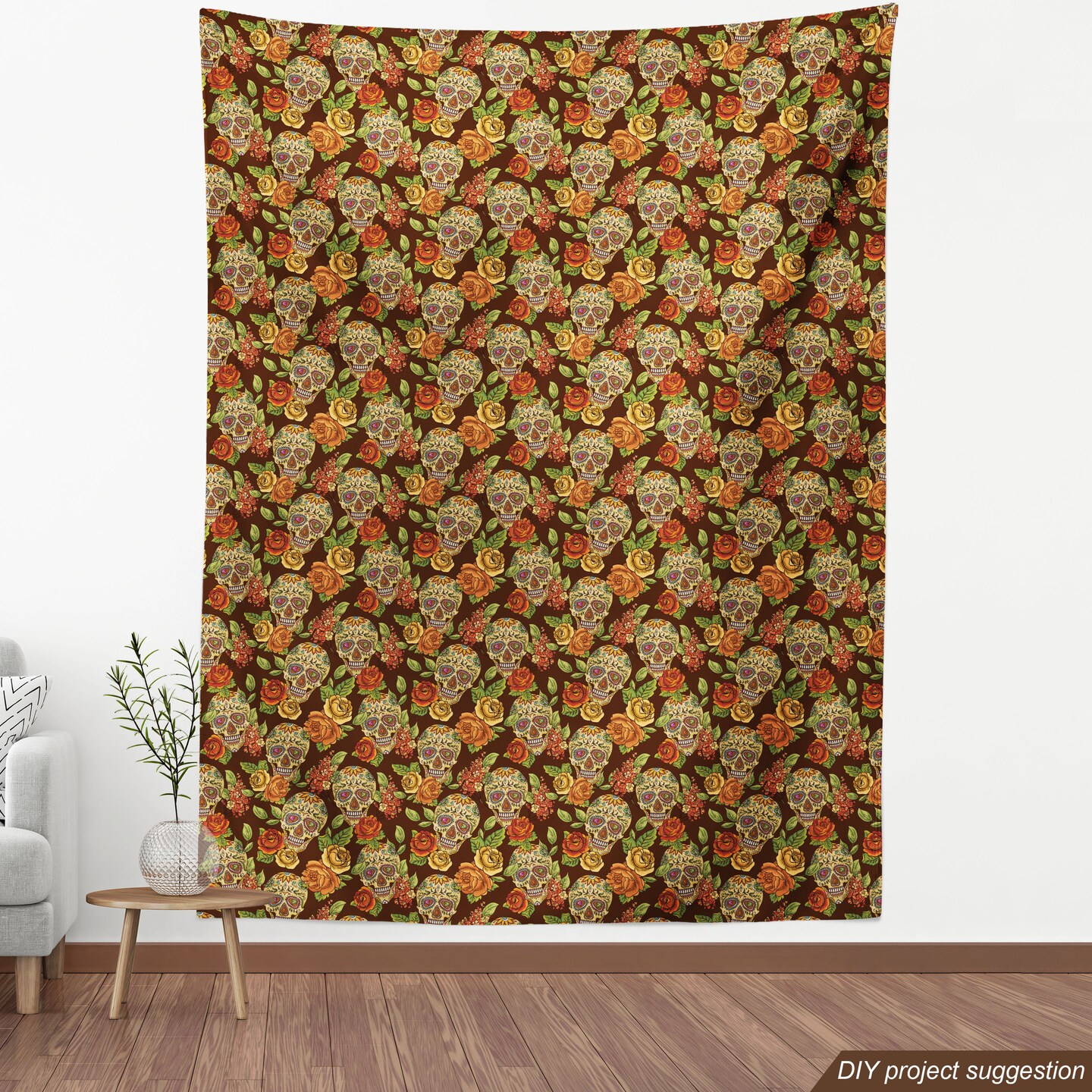 Ambesonne Sugar Skull Fabric by the Yard, Autumn Colored Flowers and Leaves Patterns in Smily Head Bones, Decorative Fabric for Upholstery and Home Accents, 5 Yards, Pale Green Yellow Orange
