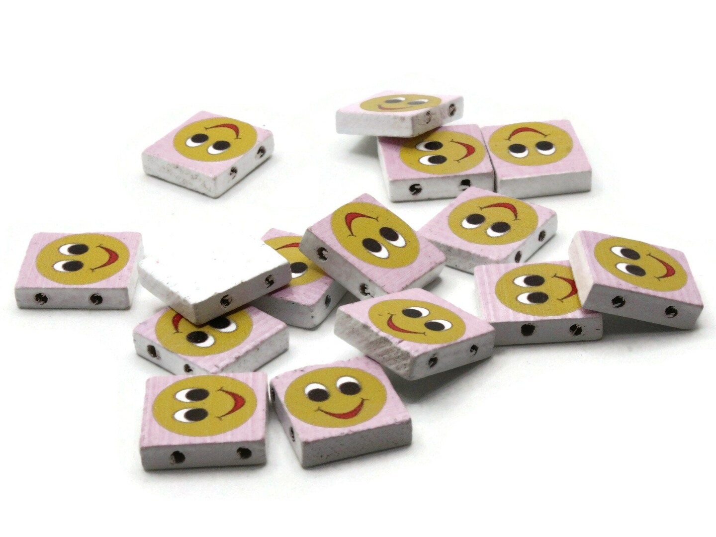 15 20mm Pink and Yellow Wooden Happy Face Beads - Two Hole Emoji Beads