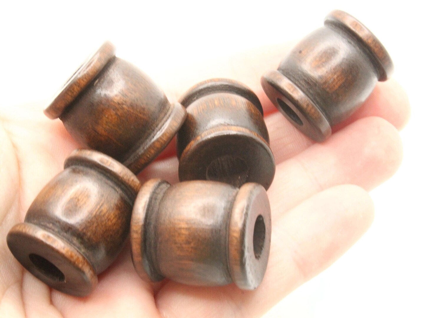 5 22mm Dark Brown Drum or Spool Large Hole Vintage Wood Beads