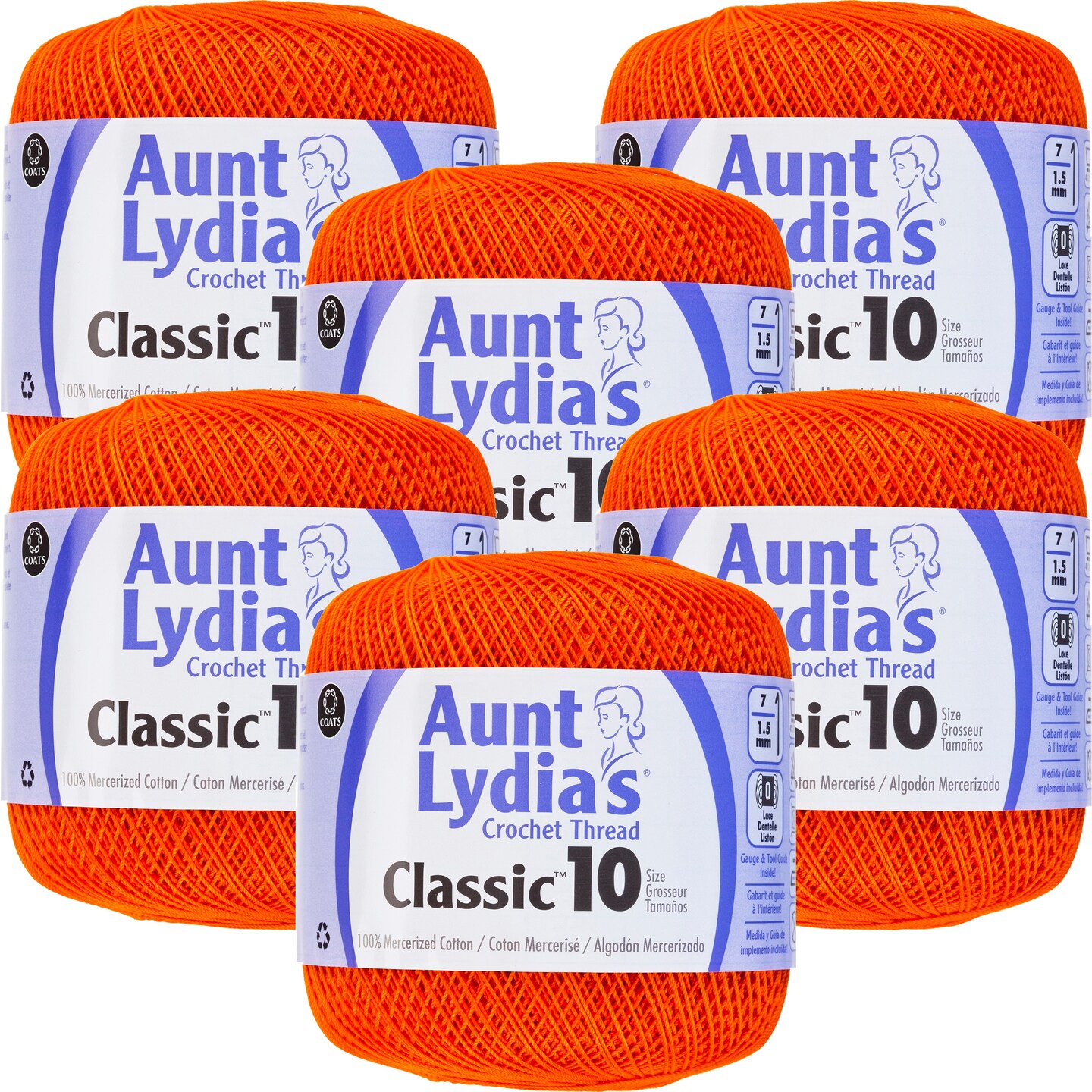 Multipack of 6 - Aunt Lydia&#x27;s Classic Crochet Thread Size 10-Pumpkin
