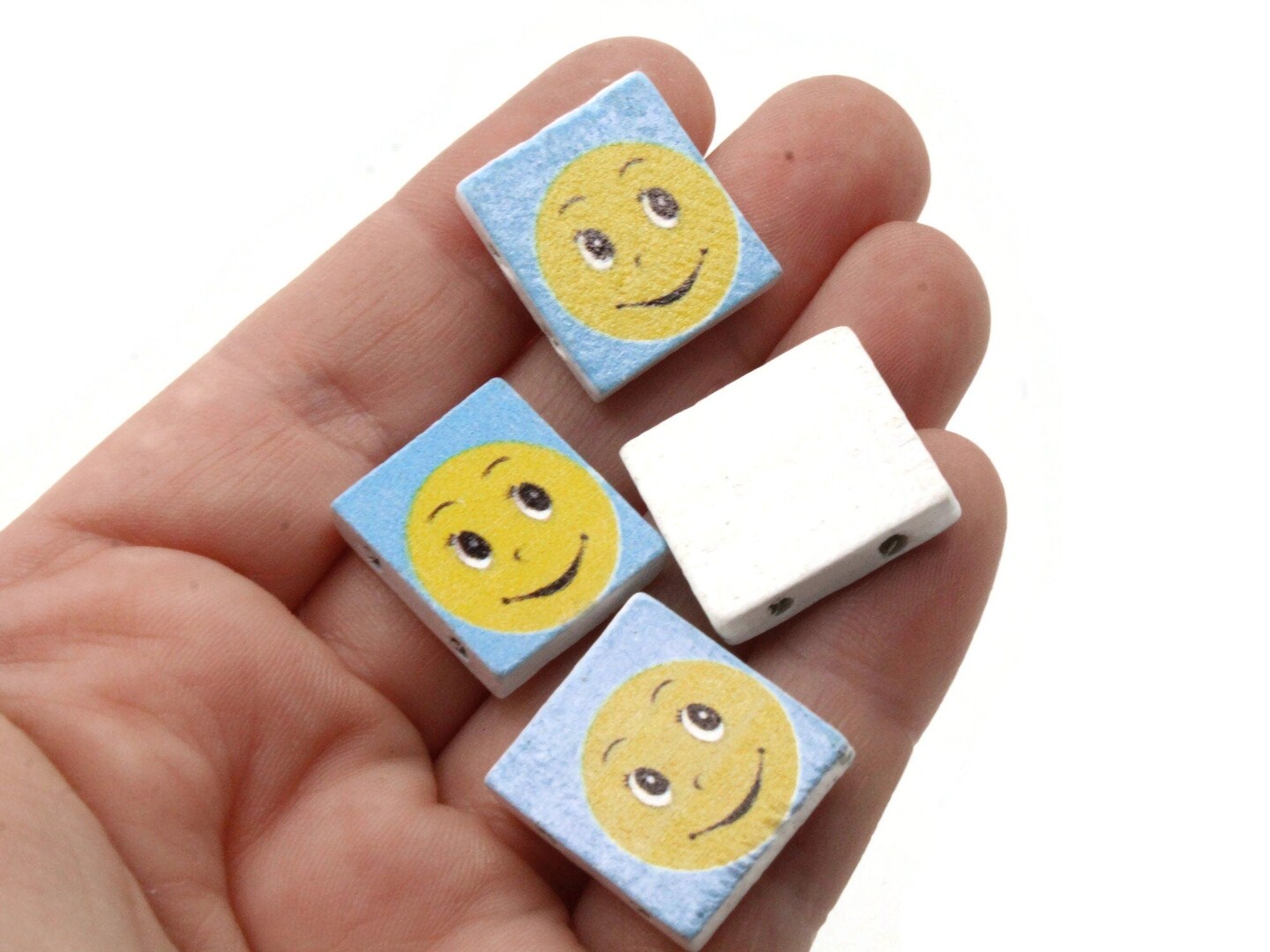 15 20mm Blue and Yellow Rectangle Wooden Happy Face Beads - Two Hole Emoji Beads