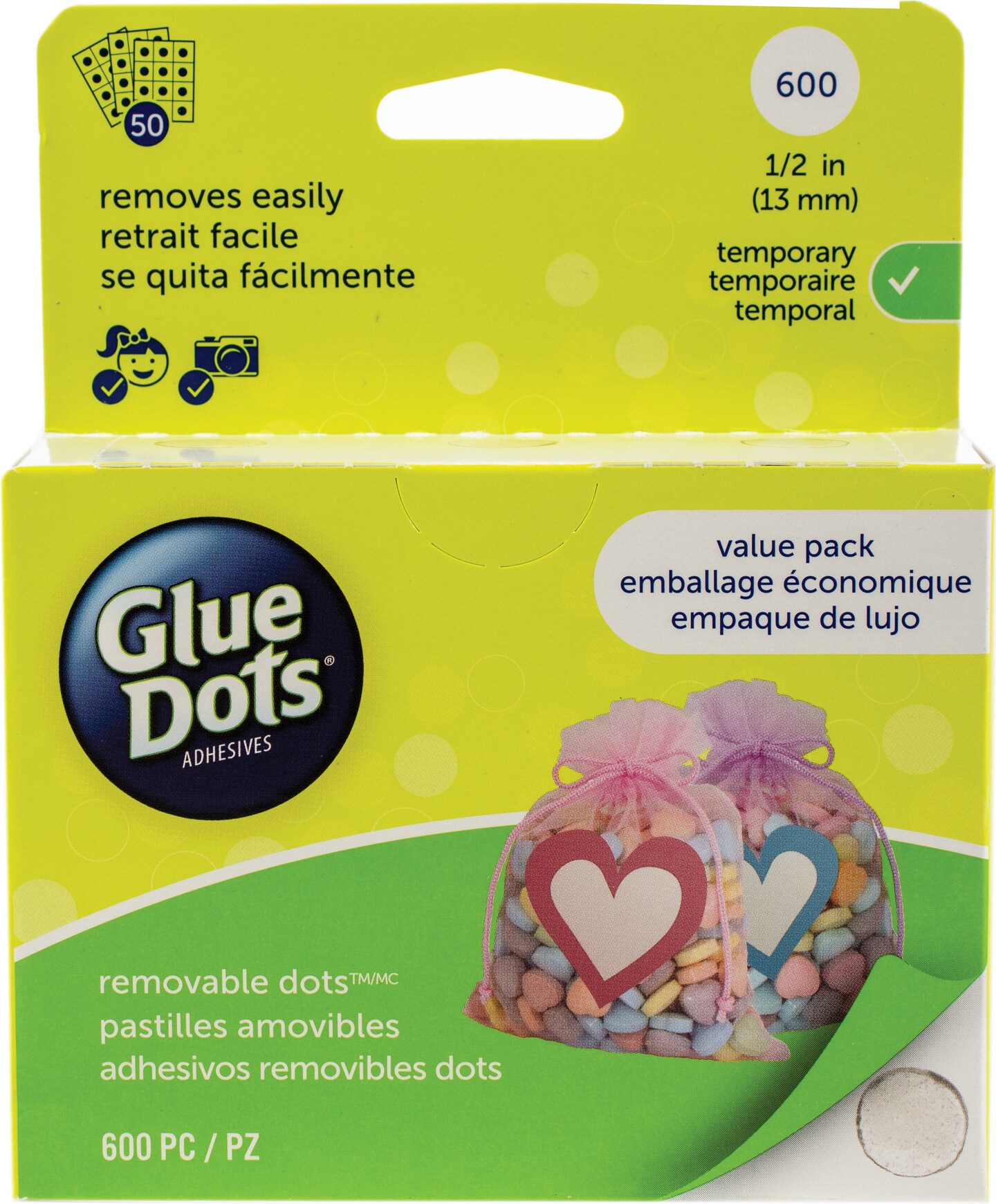 Multipack of 12 - Glue Dots .5" Dot Sheets Value Pack-Removeable, 600 Clear Dots