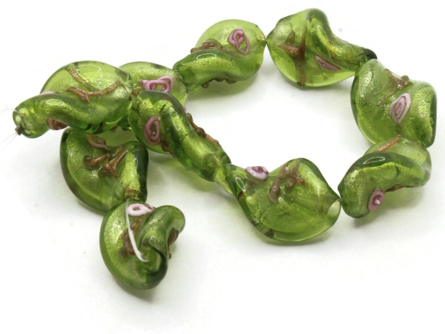 10 20mm Green with Pink and Green Flower Lampwork Glass Flat Oval Twist Beads