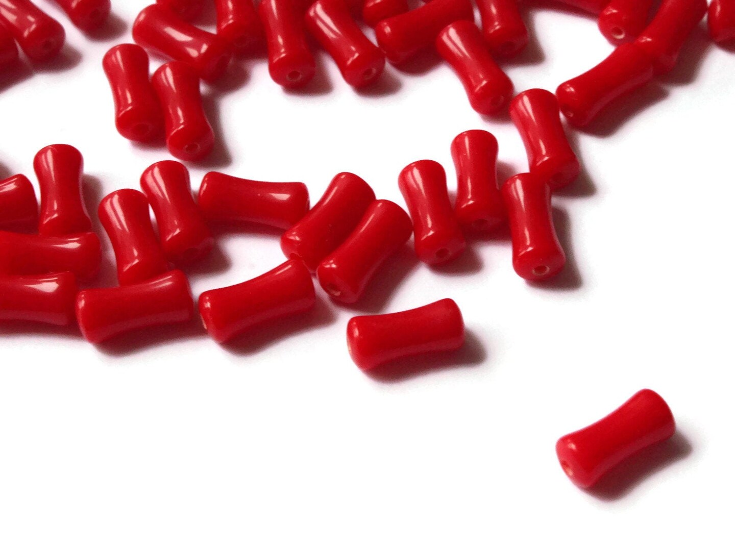 50 11mm Red Beads Tapered Tube Beads Vintage Plastic Beads