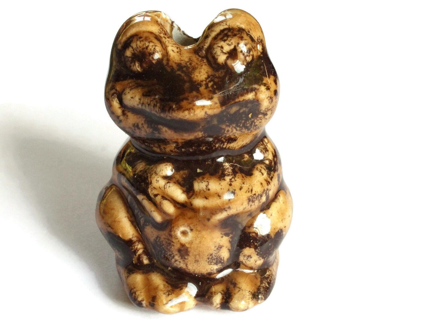 61mm Large Brown Spotted Frog Bead   Vintage Ceramic Macrame Bead