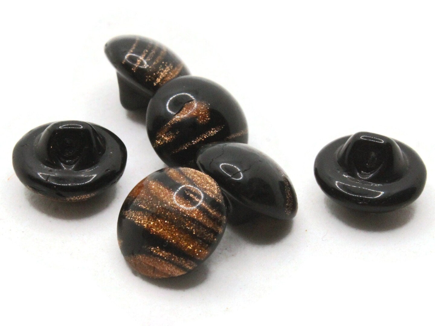 6 11mm Vintage Black and Gold Glass Shank Buttons Sewing Notions