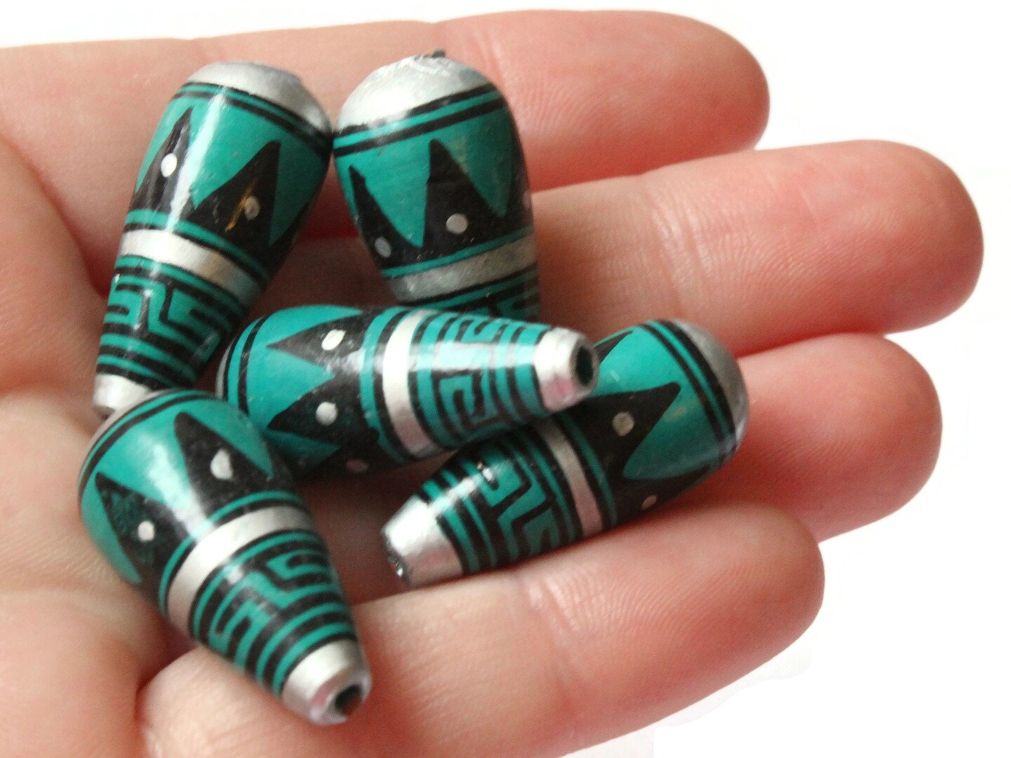 5 28mm Vintage Painted Peruvian Clay Beads - Teal, Silver, and Black Patterned Teardrop Beads