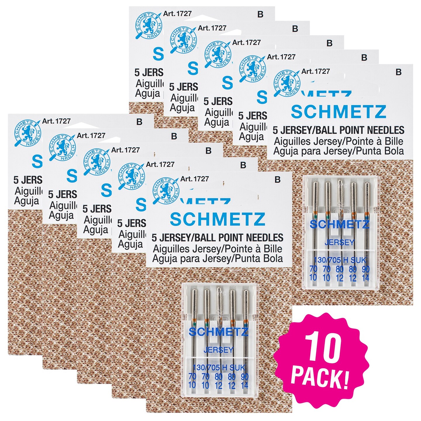 Multipack of 10 - Schmetz Ball Point Jersey Machine Needles-Sizes 10/70 (2), 12/80 (2) &#x26; 14/90 (1)