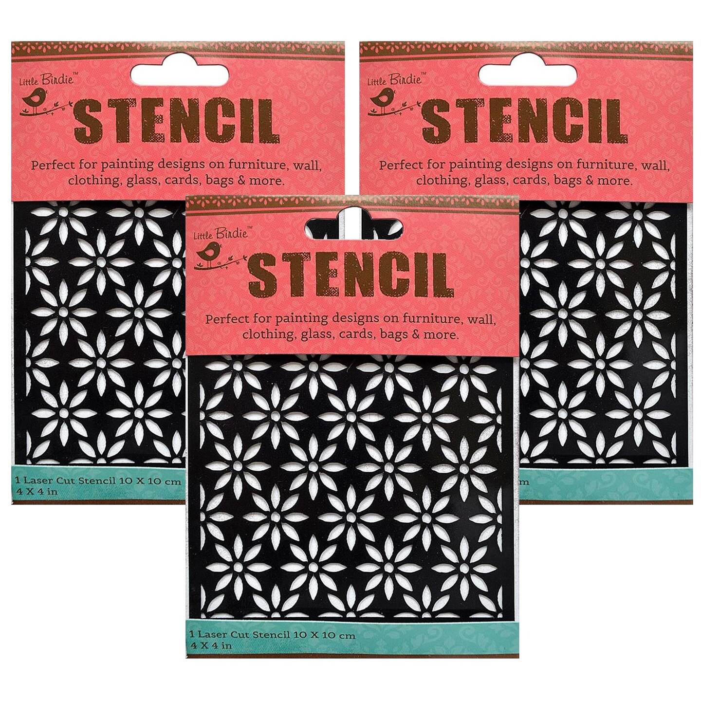 Pack of 3 - Little Birdie Reusable Stencil 4"X4"-Charming Bloom