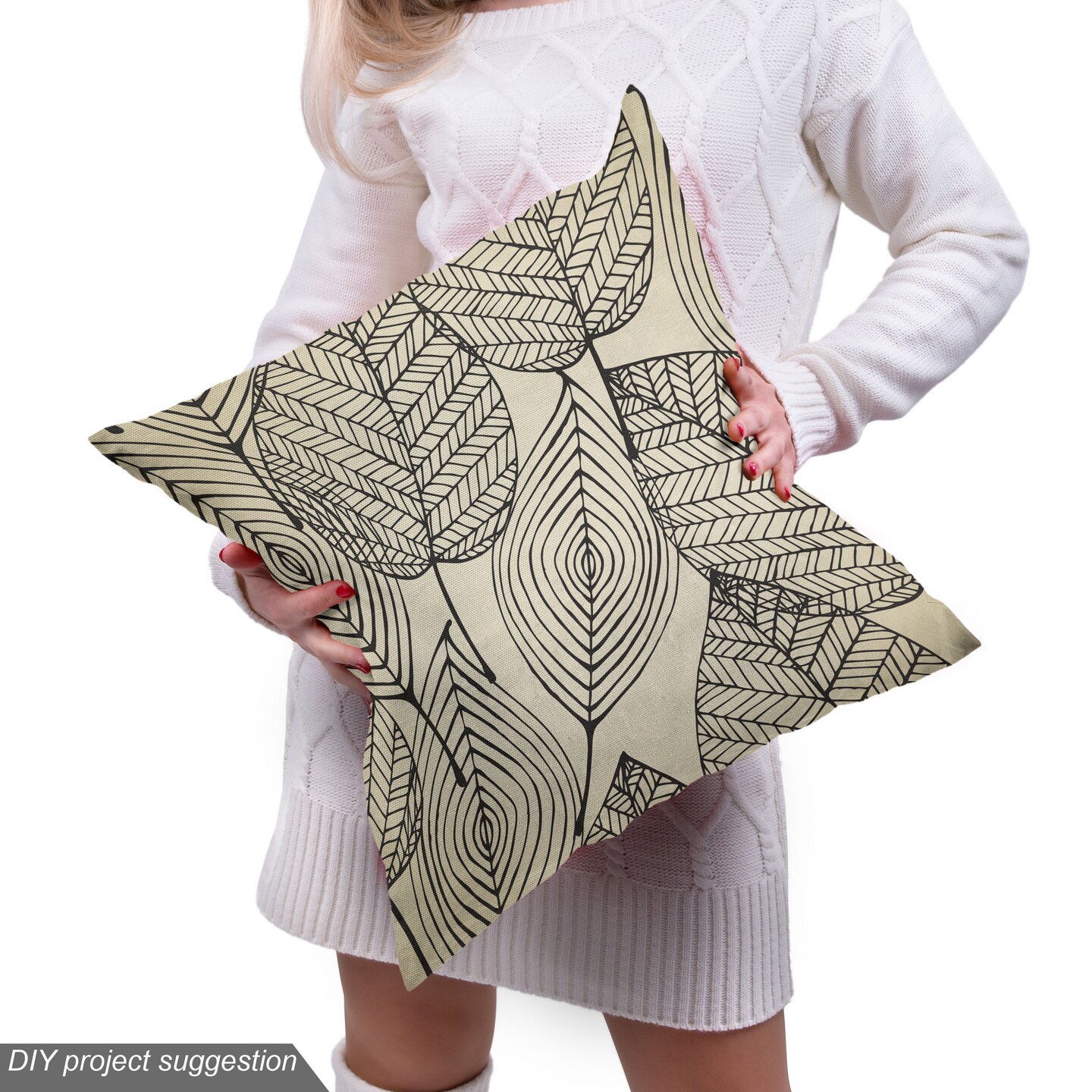 Ambesonne Beige Fabric by the Yard, Autumn Geometric Leaf Pattern Ornamental Foliage Design Abstract Line Arrangement, Decorative Fabric for Upholstery and Home Accents, 10 Yards, Beige Black