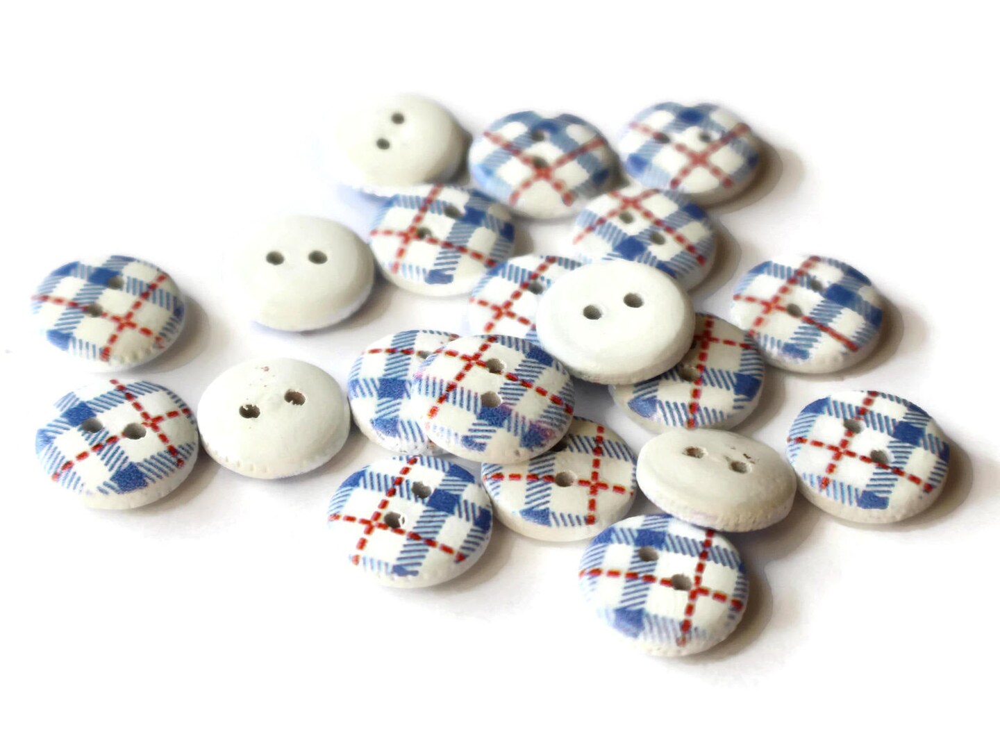 20 13mm Two Hole Blue Tartan Plaid Buttons Round Wooden Buttons Wood Buttons