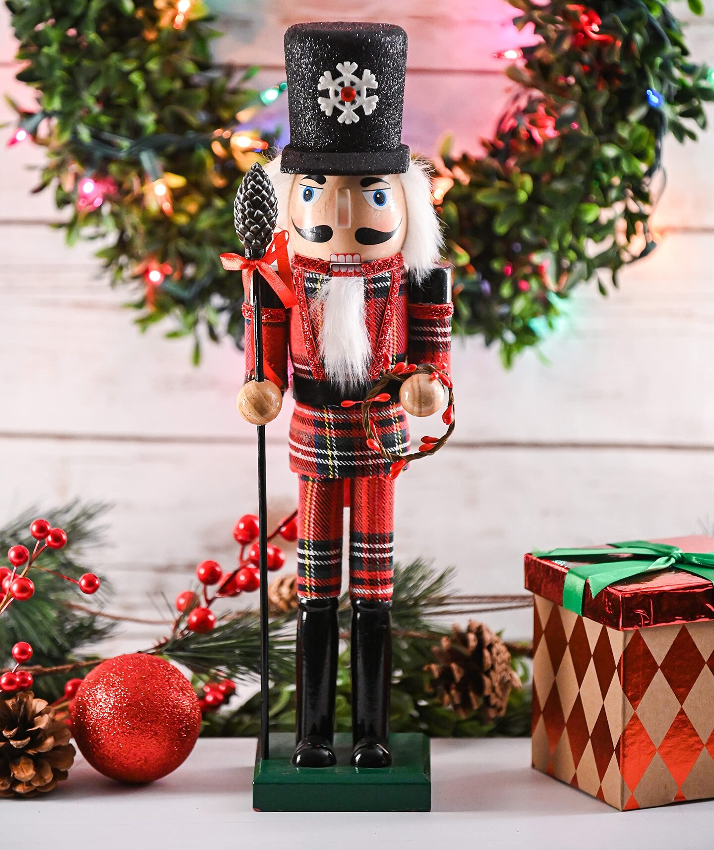 Ornativity Christmas Buffalo Plaid Nutcracker &#x2013; Red and Black Wooden Nutcracker Soldier with an Acorn Staff and Holly Berries Wreath Xmas Themed Holiday Nut Cracker Doll Figure Decorations