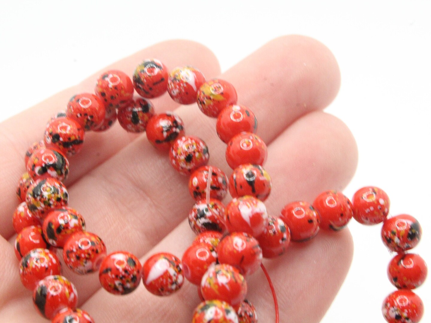 68 6mm Red Black and White Splatter Paint Round  Glass Beads
