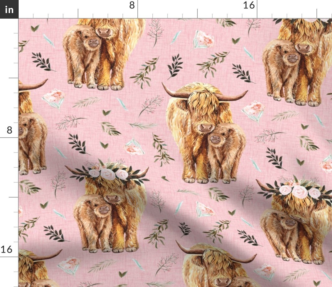 Pink Highland Cows Leaves Floral Calf Cow Scottish Custom Printed Fabric by Spoonflower Various Fabrics by the Yard or Fat Quarter