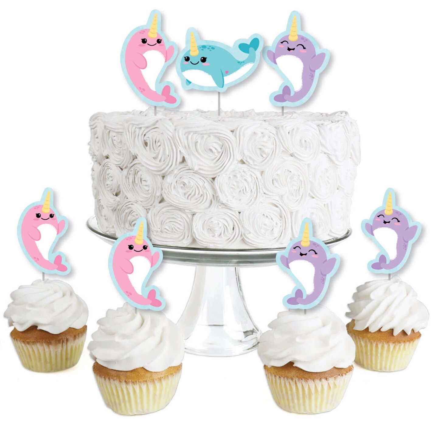 Big Dot of Happiness Narwhal Girl - Dessert Cupcake Toppers - Under The Sea Baby Shower or Birthday Party Clear Treat Picks - Set of 24