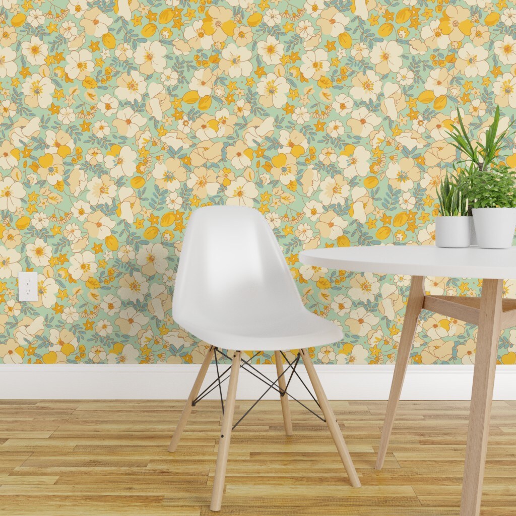 Peel &#x26; Stick Wallpaper 2FT Wide Floral 70S Vintage Flowers Retro Sunflowers Custom Removable Wallpaper by Spoonflower