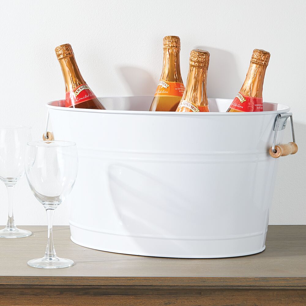 mDesign Large Metal 4.75 Gal. Beverage Tub Cooler, Bamboo Handles, 2 Pack, White