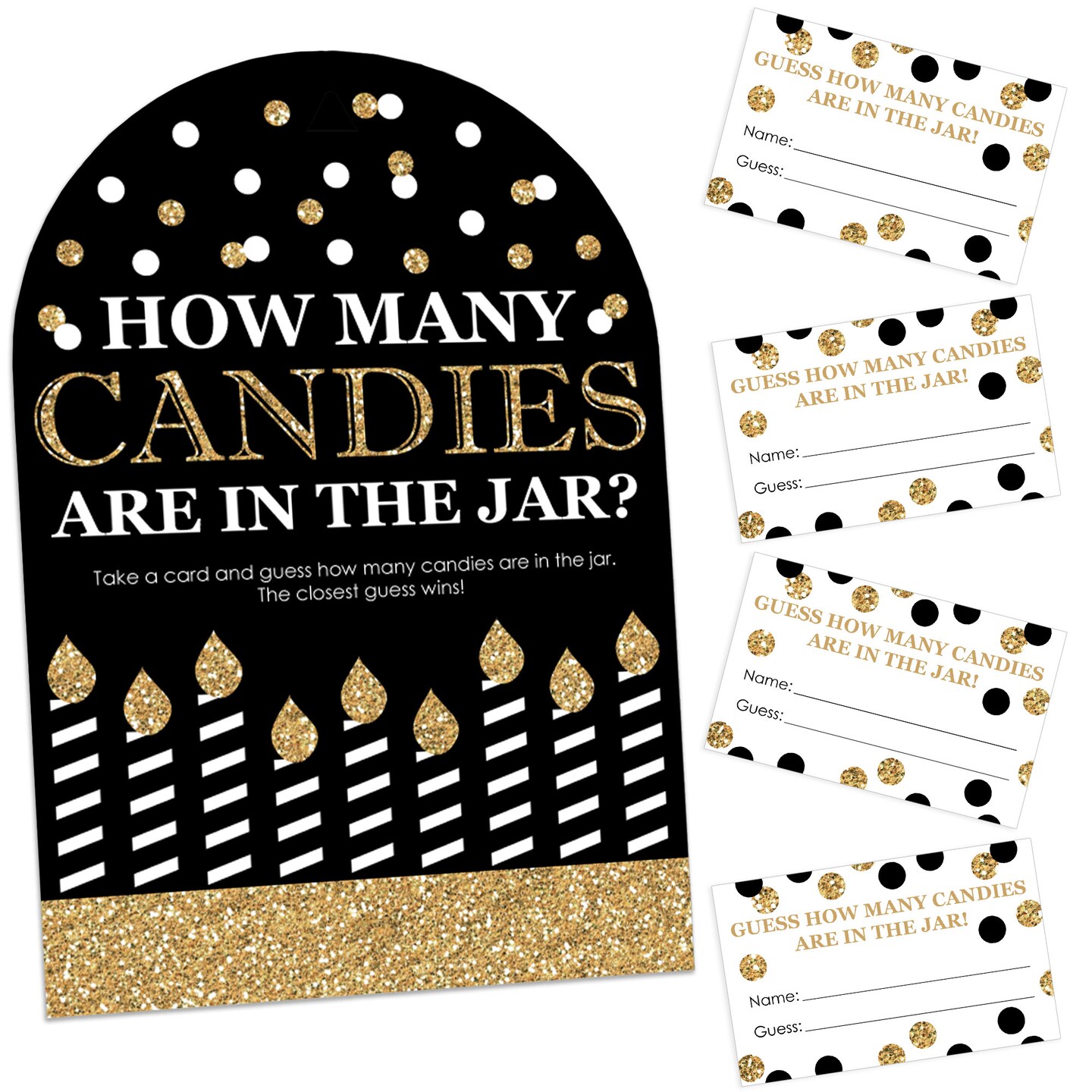 Big Dot of Happiness Adult Happy Birthday - Gold - How Many Candies Birthday Party Game - 1 Stand and 40 Cards - Candy Guessing Game