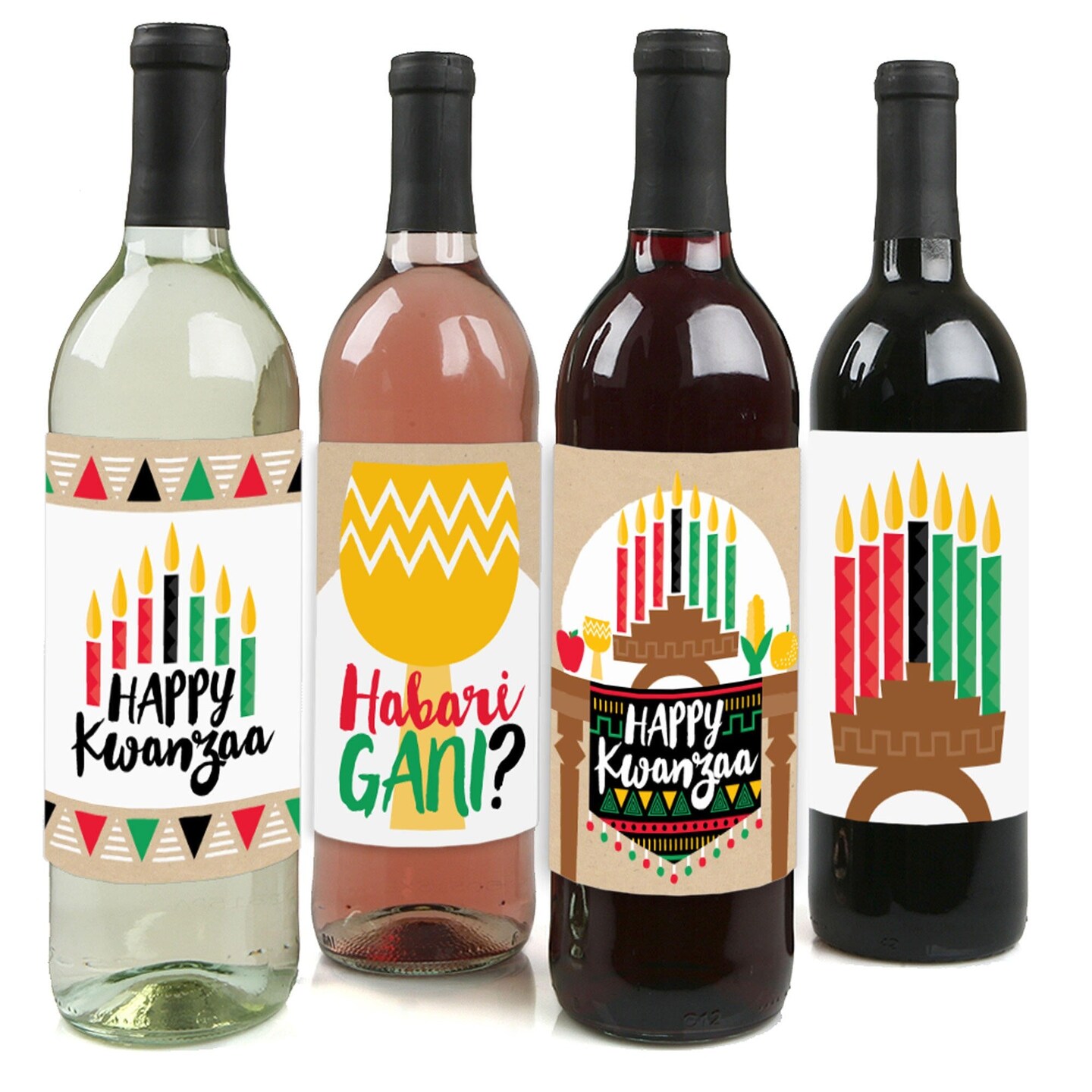 Big Dot of Happiness Happy Kwanzaa - Heritage Holiday Party Decorations for Women and Men - Wine Bottle Label Stickers - Set of 4