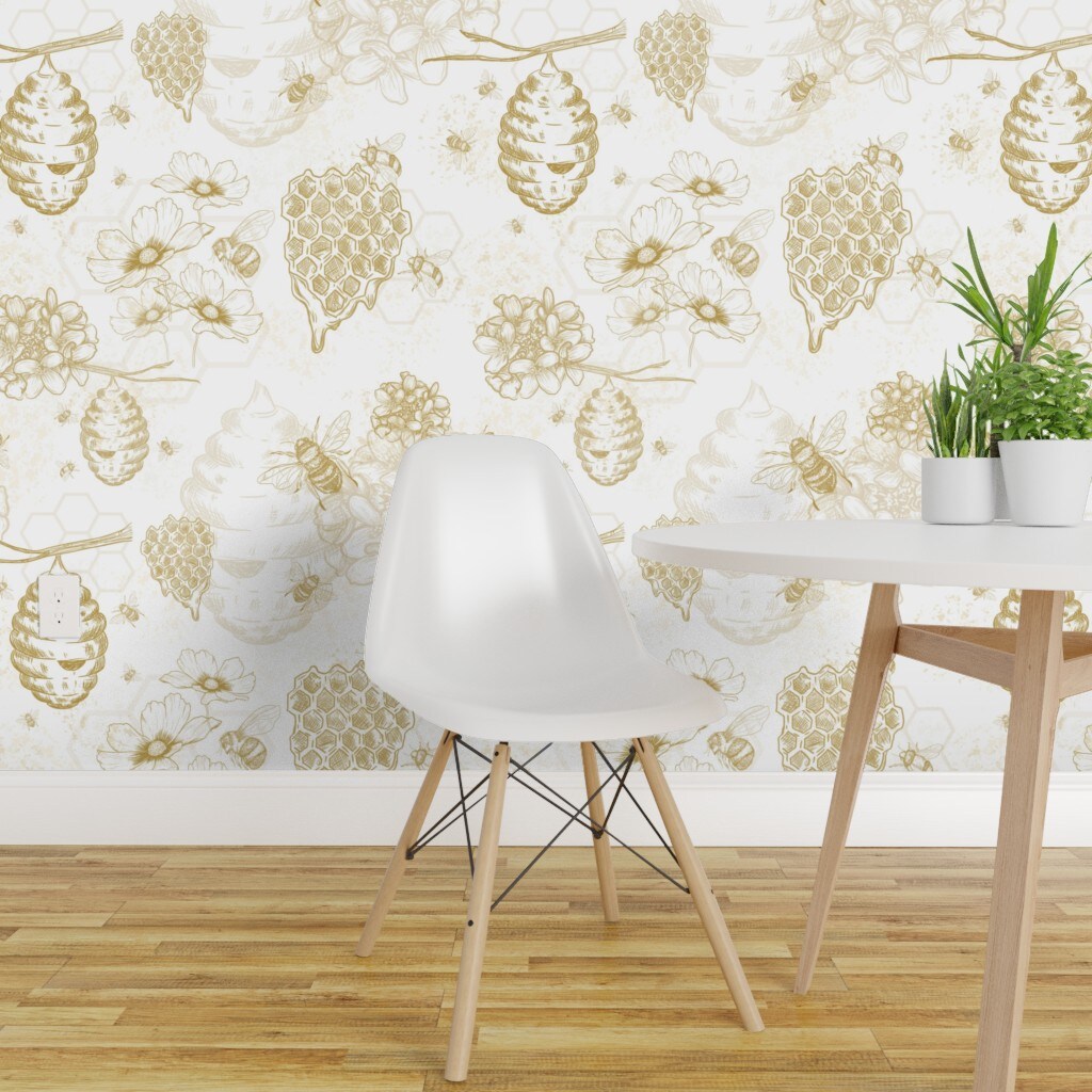 Pre-Pasted Wallpaper 2FT Wide Yellow Flowers Mustard Bee Honey Toile Beehive Honeycomb Hexagon Pollen Beekeeper Handdrawn Modern Apiary Custom Pre-pasted Wallpaper by Spoonflower