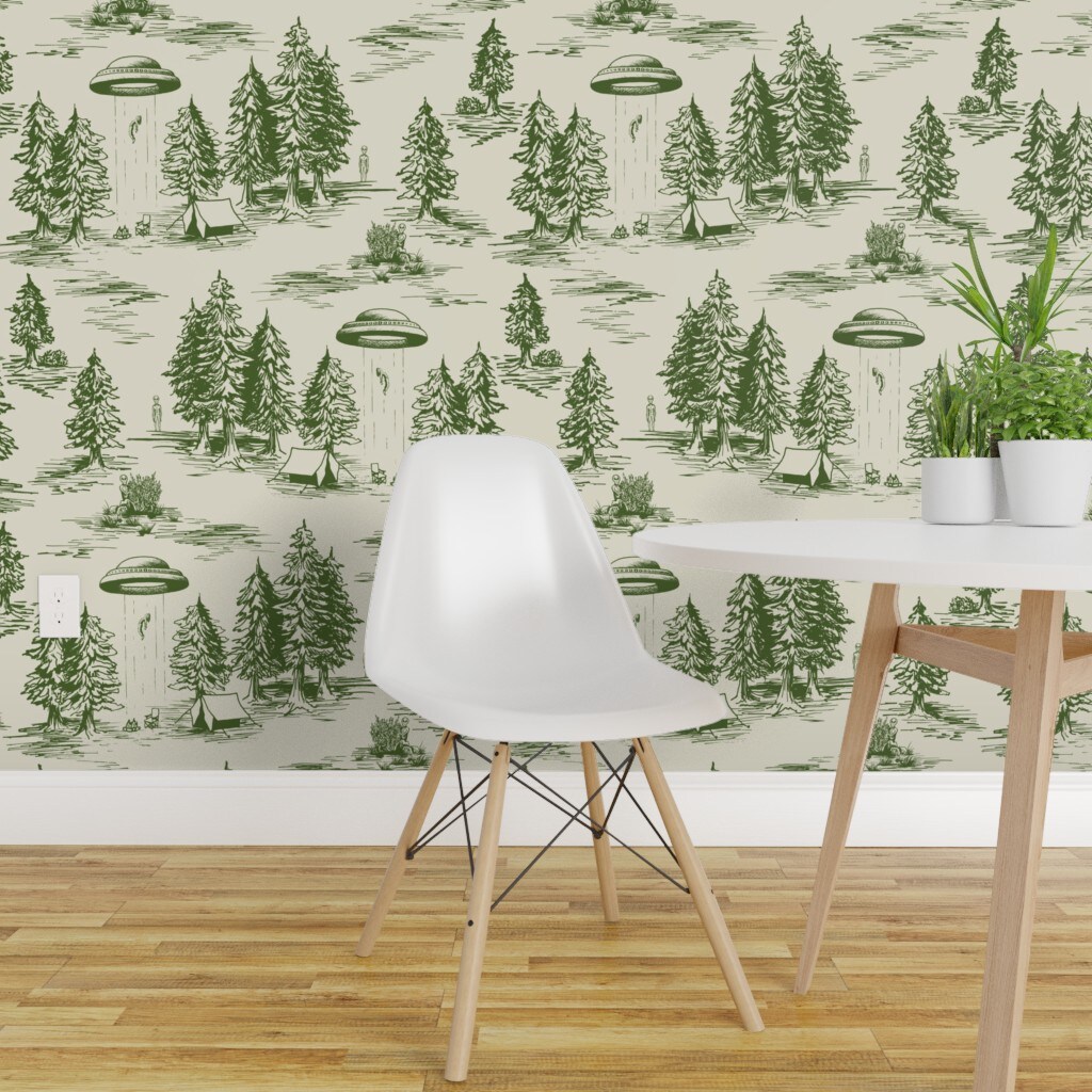 Pre-Pasted Wallpaper 2FT Wide Large Scale Green Toile De Pattern Whimsical Novelty Toile Custom Pre-pasted Wallpaper by Spoonflower