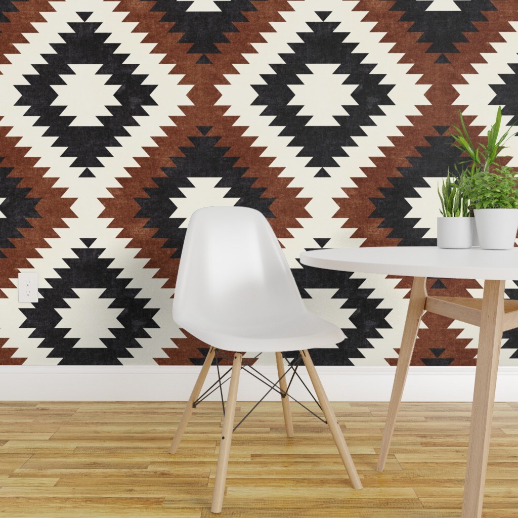 Peel & Stick Wallpaper 2FT Wide Tribal Brown Black White Neutral Home Decor Rust Southwest Boho Aztec Custom Removable Wallpaper by Spoonflower