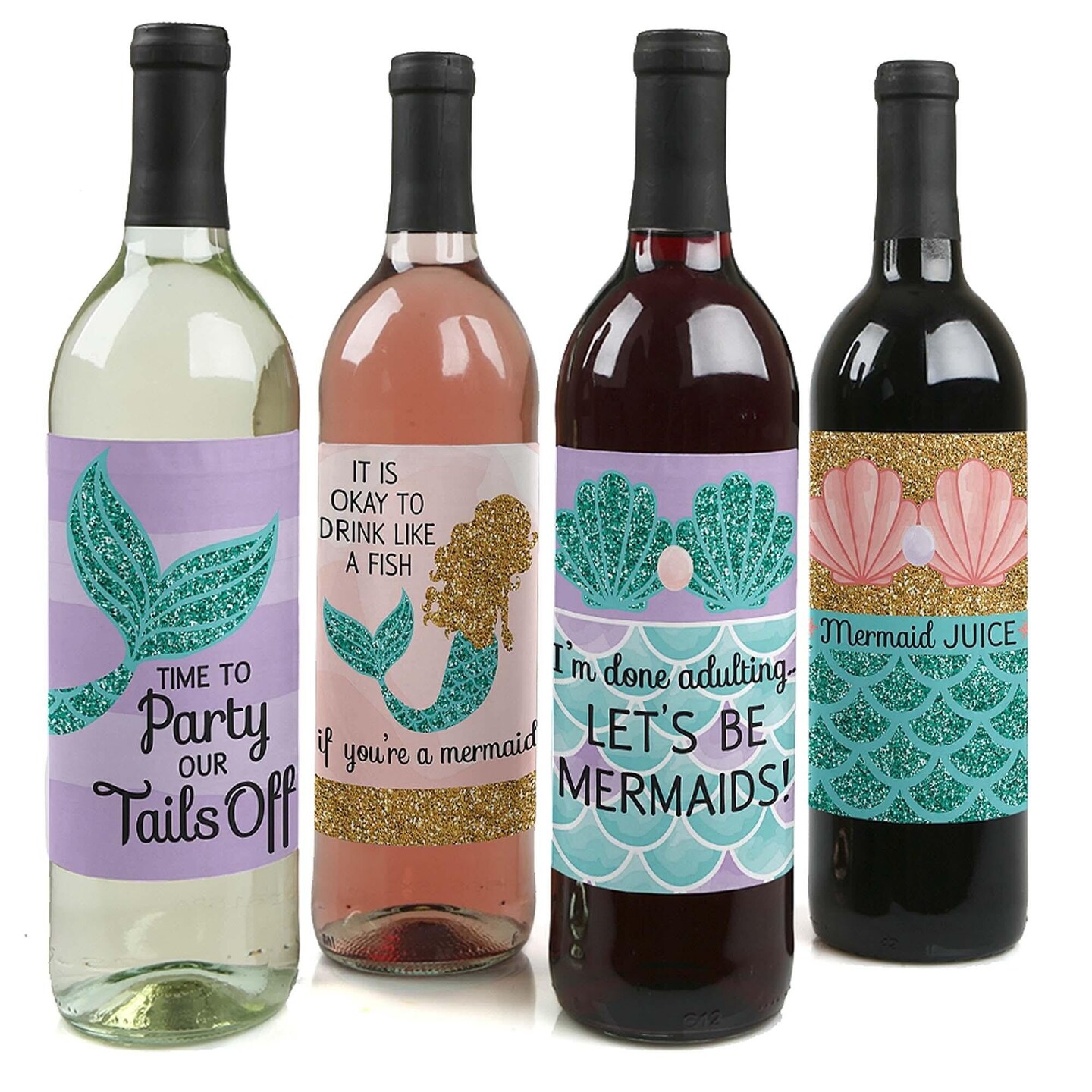 Big Dot of Happiness Let's Be Mermaids - Baby Shower or Birthday Party  Decorations for Women and Men - Wine Bottle Label Stickers - Set of 4