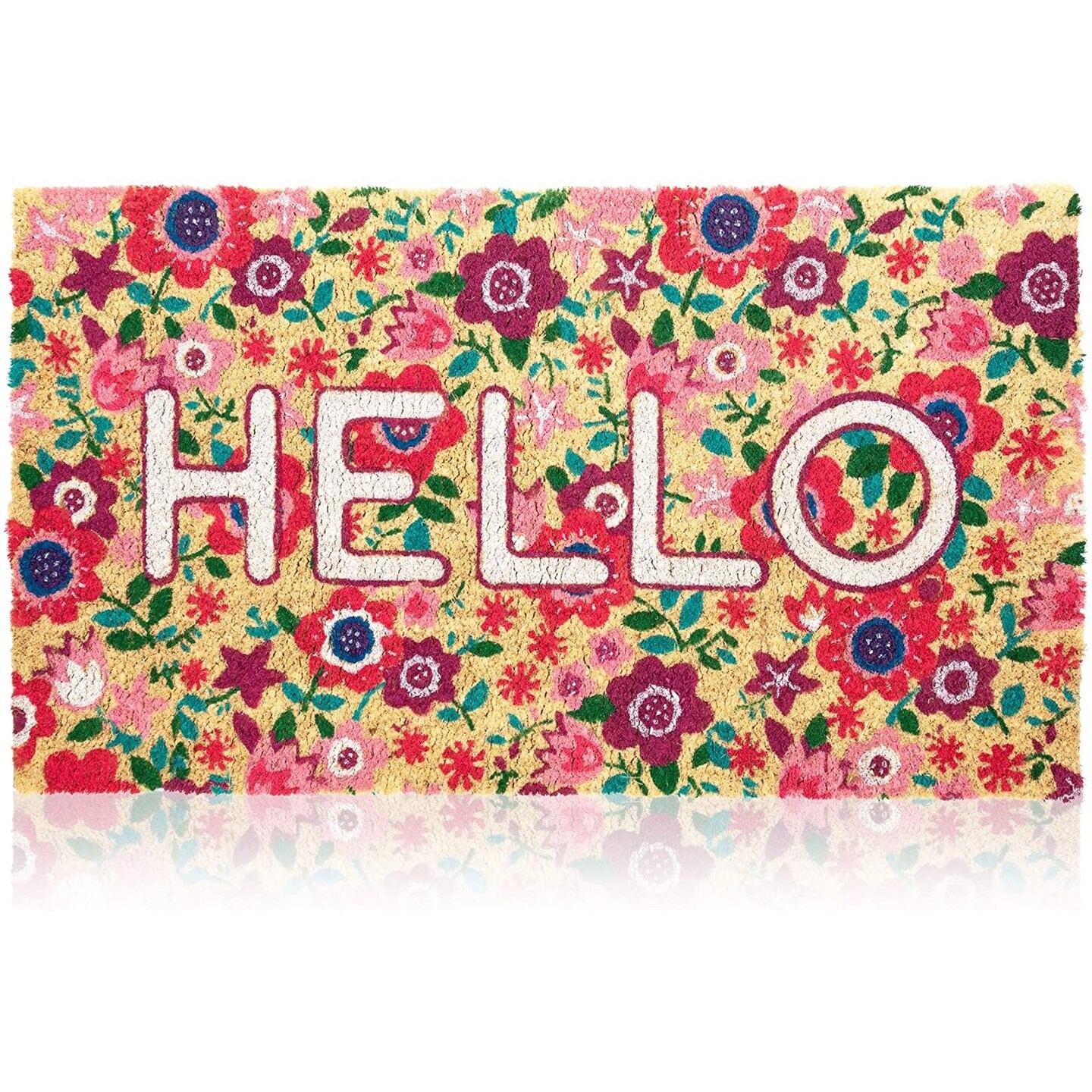 Juvale Natural Spring &#x22;Hello&#x22; Floral Coir Welcome Doormat for Front Door, 17 x 30 Inches, Ideal for Door Entrance, Backyard, Entryway