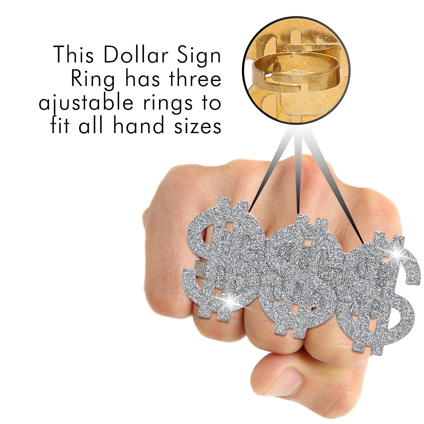 Dollar Sign Costume Ring - Money Symbol Jewelry Three Finger Ring for Men and Women